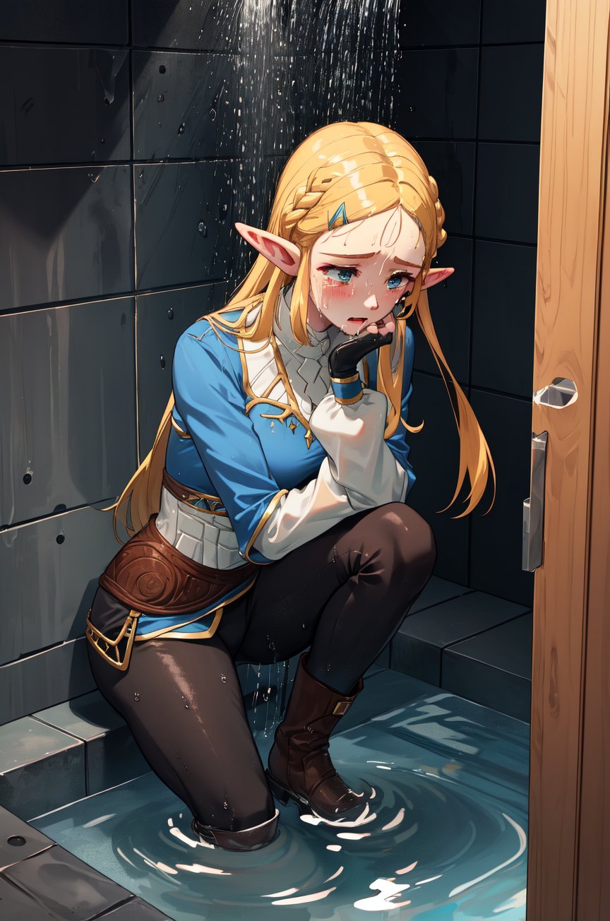 aazelda, super long hair, hair down to the thighs, square hair cut, pointy ears, blue shirt, long sleeves, fingerless gloves, black gloves, black pants, tight pants, completely soaked wet, soakingwetclothes, dripping wet, wet hair, sad facial expression, blue nail, crying, under shower, high boots 