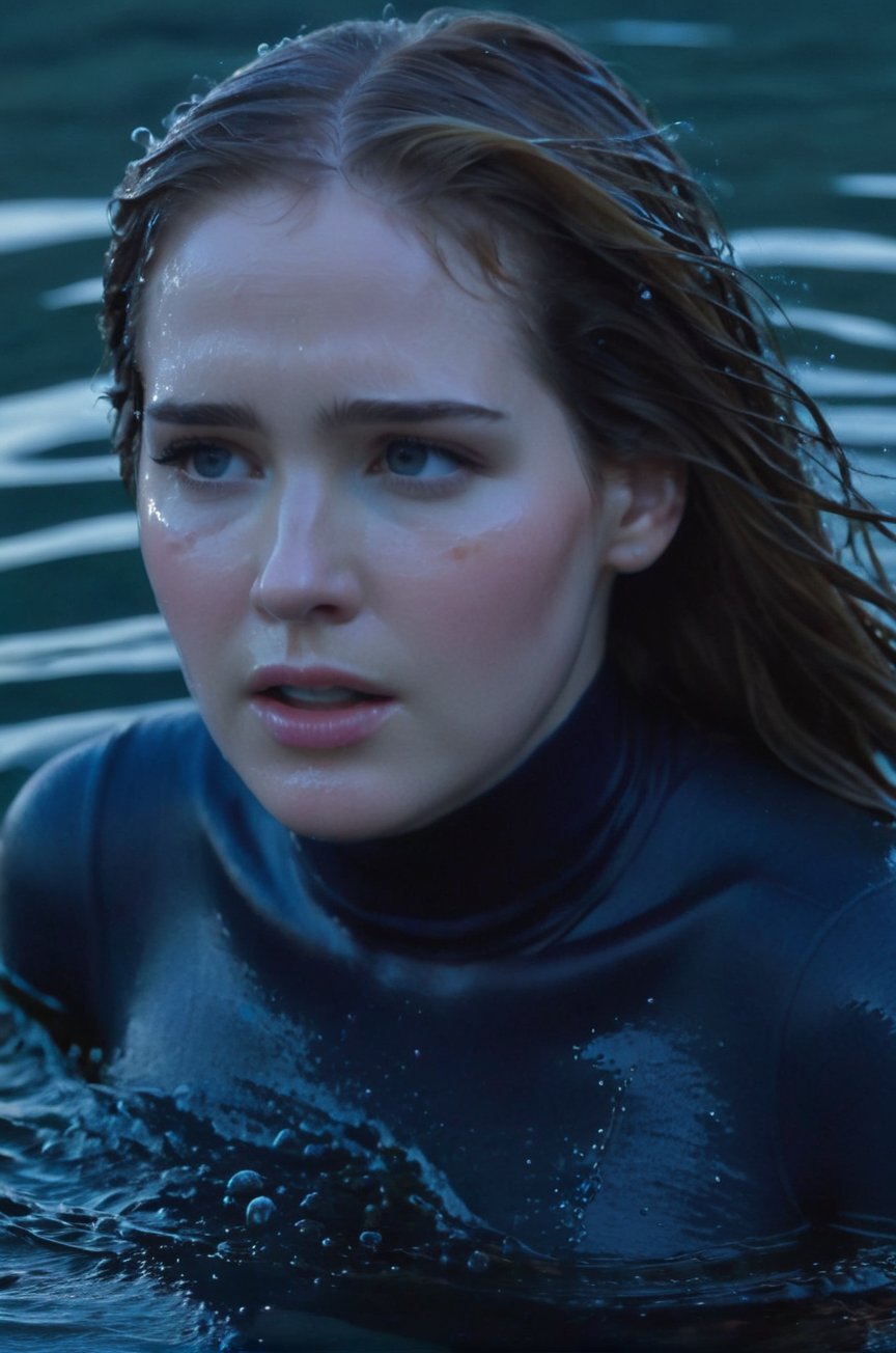 Elizabeth Lail, emerging from the water. Her head and shoulders are visible above the surface of water. She looks scared and sad, her dark blue turtleneck top wet and clinging to her, with water droplets sparkling around her. She is in the middle of a cold ocean and splashes from her emergence, fully drenched, dripping wet, wet hair, face wet, face drenched