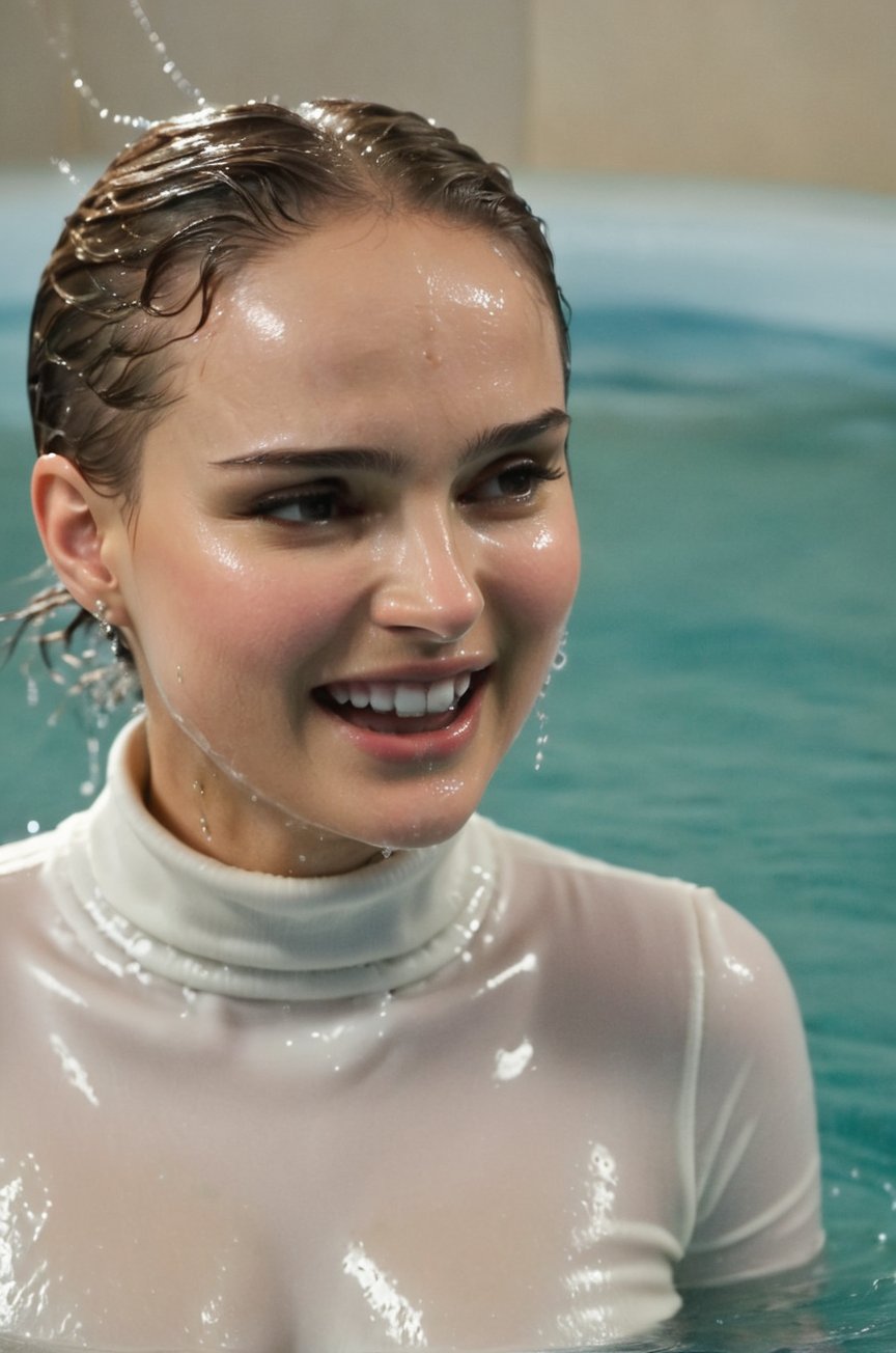 Natalie Portman, emerging from the water. Her head and shoulders are visible above the surface of water. She looks surprised but laughing, her white turtleneck top wet and clinging to her, with water droplets sparkling around her. She is in the middle of an indoor pool and splashes from her emergence, fully drenched, dripping wet, wet hair, face wet, face drenched