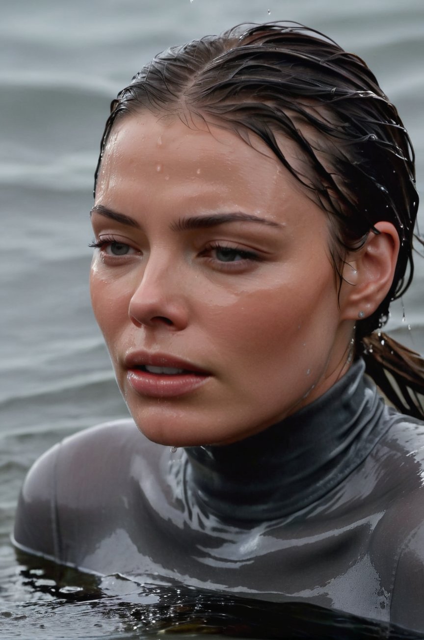 Lauren German, emerging from the water. Her head and shoulders are visible above the surface of water. She looks scared and sad, her dark grey turtleneck top wet and clinging to her, with water droplets sparkling around her. She is gasping for air. She is in the middle of a warm sea and splashes from her emergence, fully drenched, dripping wet, wet hair, face wet, face drenched