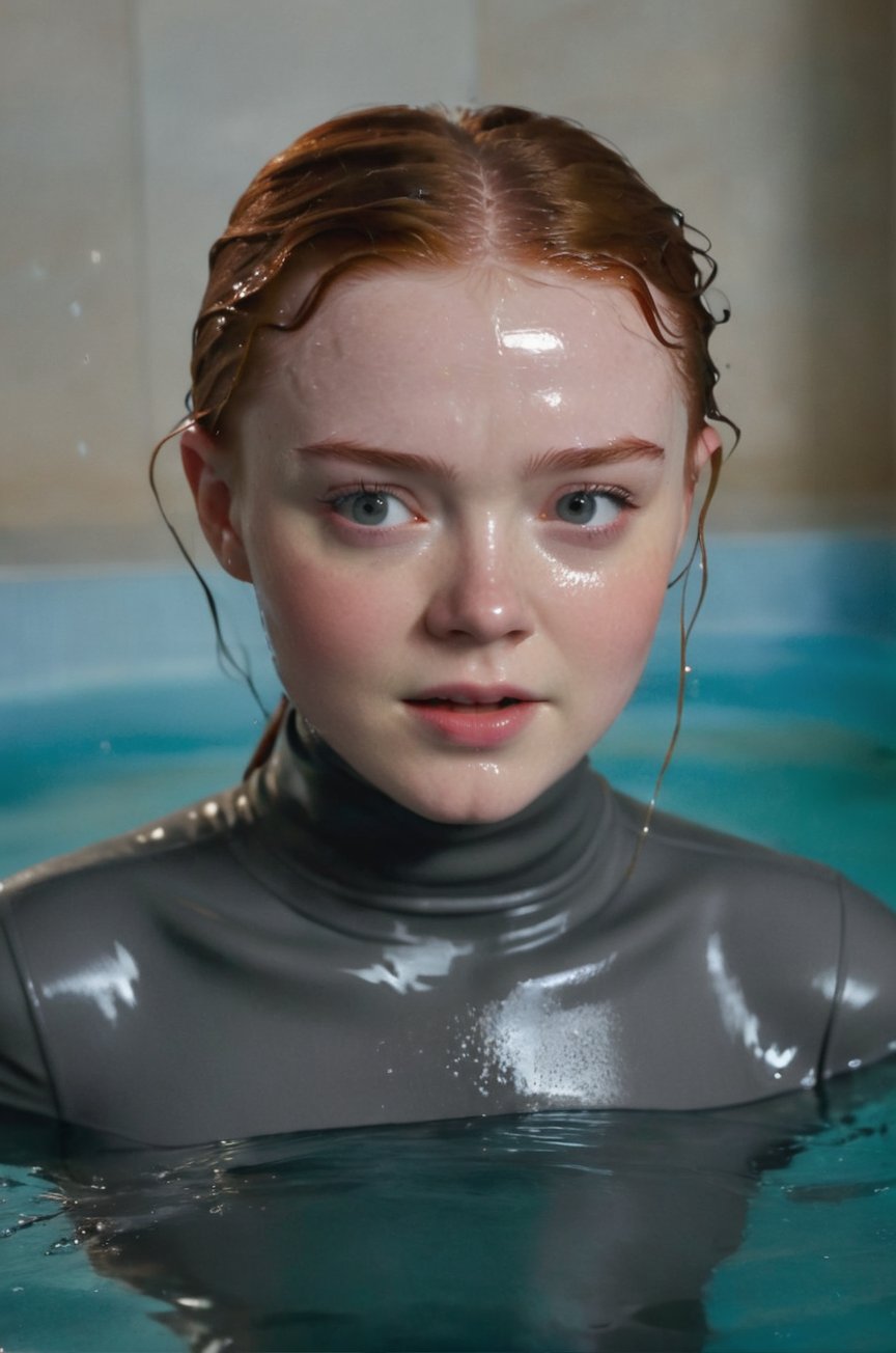 Sadie Sink, emerging from the water. Her head and shoulders are visible above the surface of water. She looks surprised but smiling, her dark grey turtleneck top wet and clinging to her, with water droplets sparkling around her. She is in the middle of an indoor pool and splashes from her emergence, fully drenched, dripping wet, wet hair, face wet, face drenched