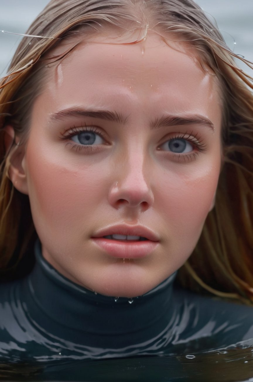 A young woman, 18 years old, a smooth, oval face with soft features, fair skin, almond eyes, blue eyes, glasses on, blonde hair, super long hair, hair floating aroud her, perfect eyes, emerging from the water. Her head and shoulders are visible above the surface of water. She looks panicked and sad, her grey turtleneck top wet and clinging to her, with water droplets sparkling around her. She is gasping for air. She is in the middle of a cold ocean and splashes from her emergence,fully drenched, dripping wet, wet hair, face wet, face drenched