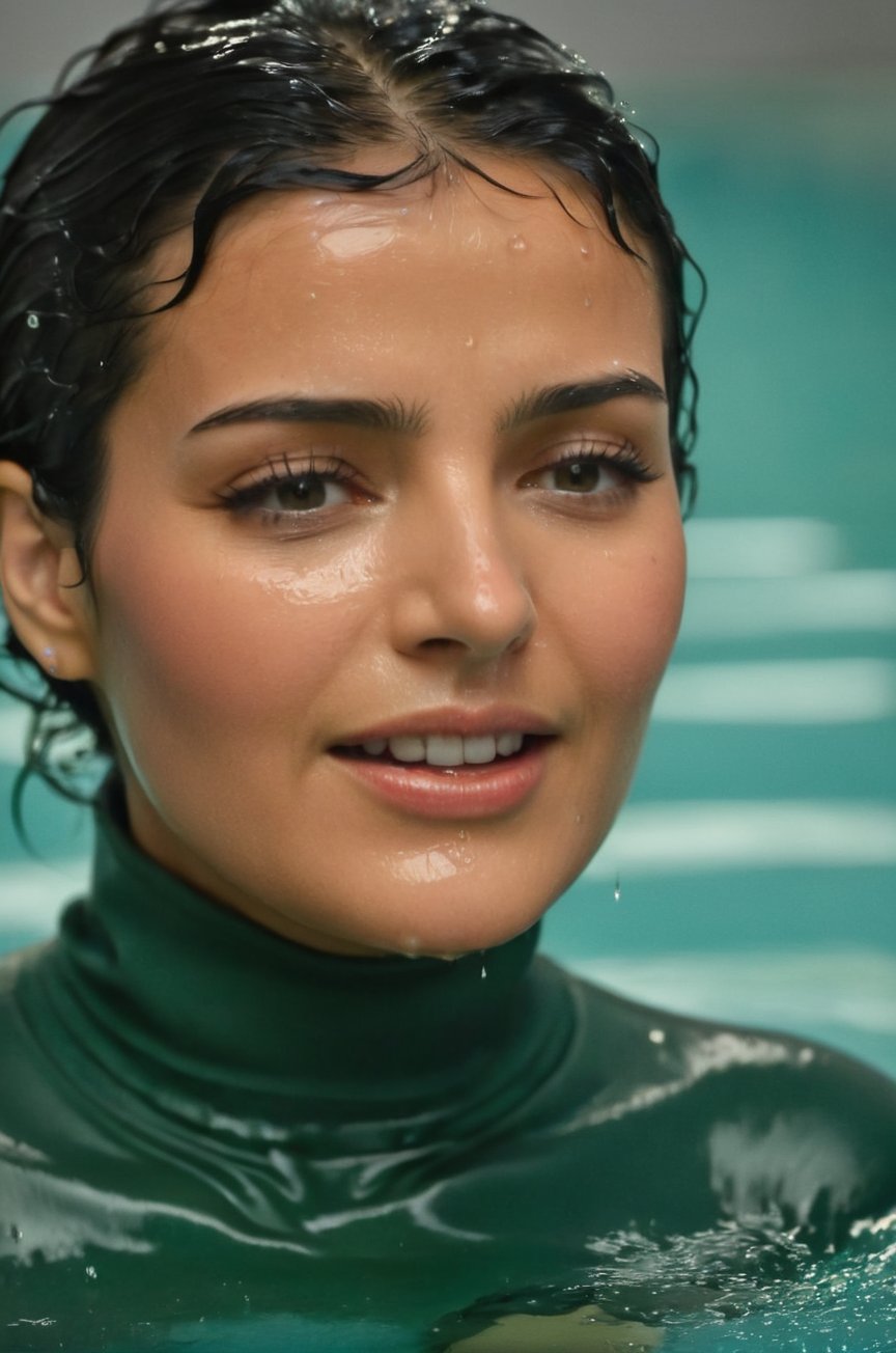 Najat Vallaud-Belkacem, emerging from the water. Her head and shoulders are visible above the surface of water. She looks surprised but smiling, her dark green turtleneck top wet and clinging to her, with water droplets sparkling around her. She is in the middle of an indoor pool and splashes from her emergence, fully drenched, dripping wet, wet hair, face wet, face drenched