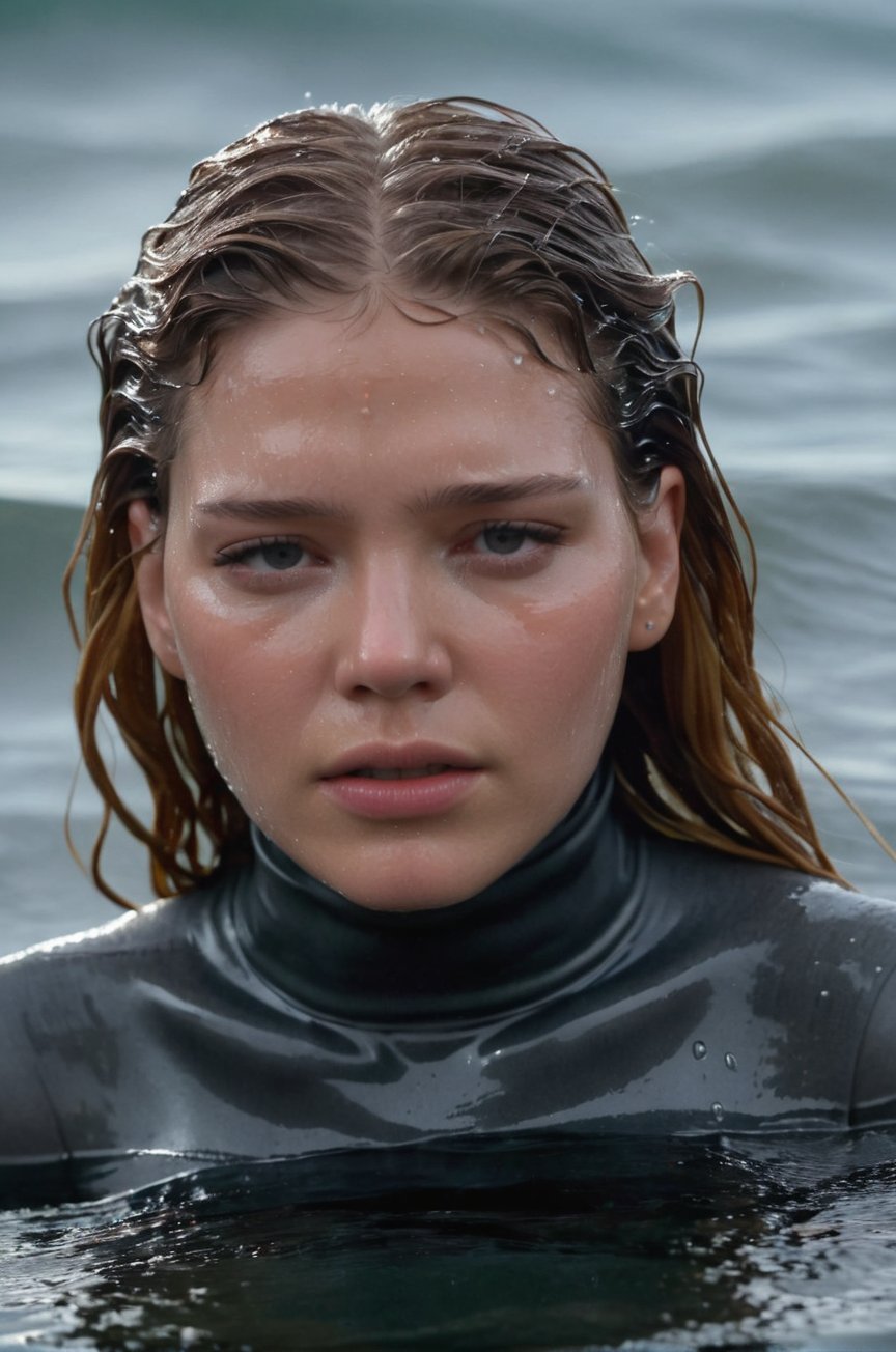 Léa Seydoux, emerging from the water. Her head and shoulders are visible above the surface of water. She looks scared and sad, her dark grey turtleneck top wet and clinging to her, with water droplets sparkling around her. She is in the middle of a cold ocean and splashes from her emergence, fully drenched, dripping wet, wet hair, face wet, face drenched