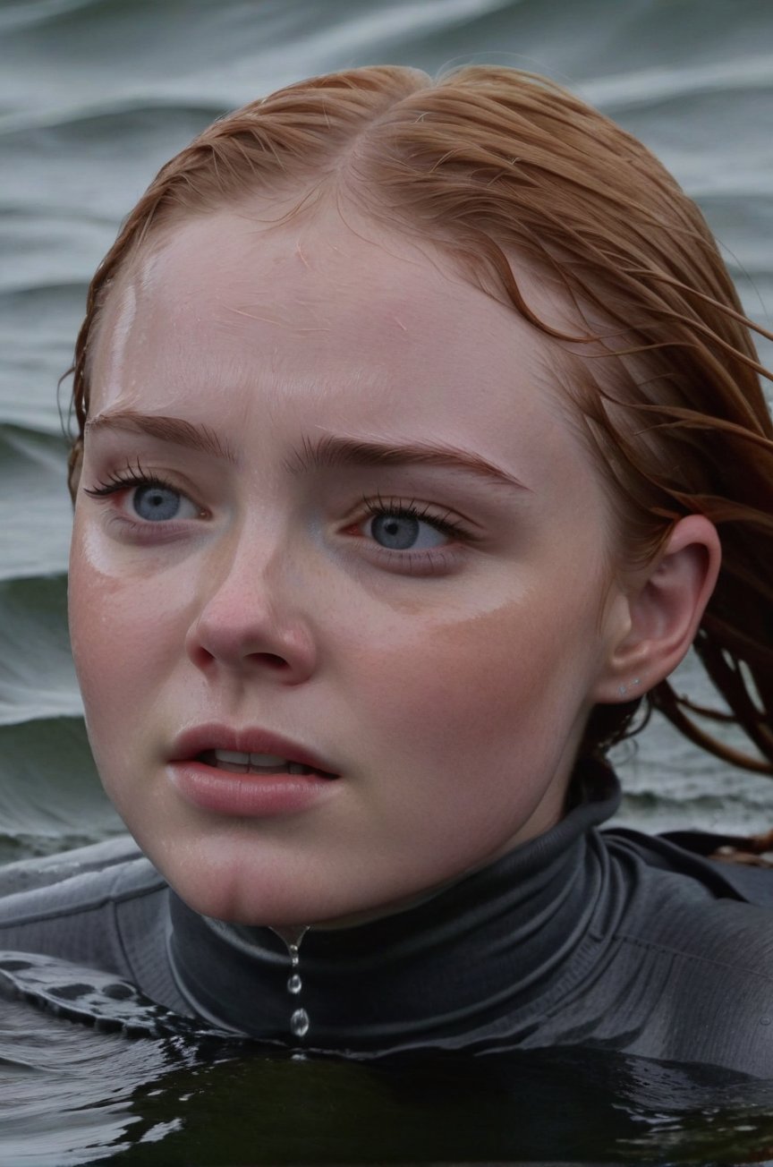 Sadie Sink, emerging from the water. Her head and shoulders are visible above the surface of water. She looks scared and sad, her dark grey turtleneck top wet and clinging to her, with water droplets sparkling around her. She is gasping for air. Her blonde hair is wet and clinging to her face. She is in the middle of a cold ocean and splashes from her emergence, fully drenched, dripping wet, face wet, face drenched