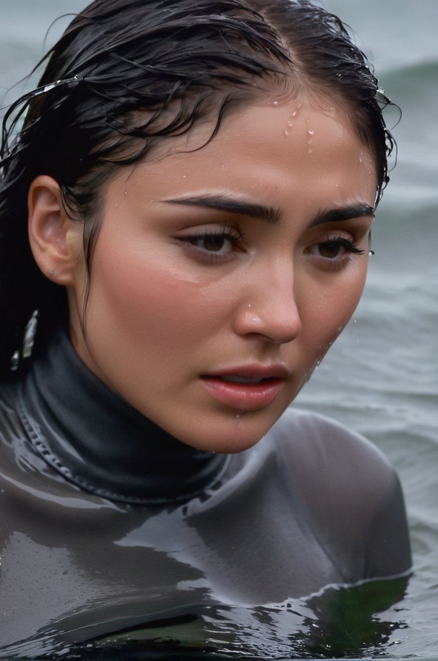 Daniella Pineda, emerging from the water. Her head and shoulders are visible above the surface of water. She looks scared and sad, her dark grey turtleneck top wet and clinging to her, with water droplets sparkling around her. She is gasping for air. She is in the middle of a cold ocean and splashes from her emergence, fully drenched, dripping wet, wet hair, face wet, face drenched