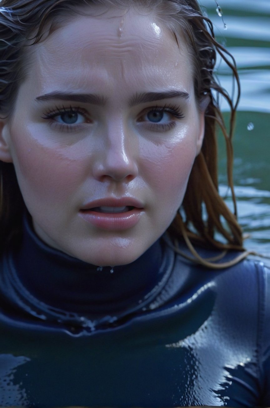 Elizabeth Lail, emerging from the water. Her head and shoulders are visible above the surface of water. She looks scared and sad, her dark blue turtleneck top wet and clinging to her, with water droplets sparkling around her. She is gasping for air. She is in the middle of a cold ocean and splashes from her emergence, fully drenched, dripping wet, wet hair, face wet, face drenched