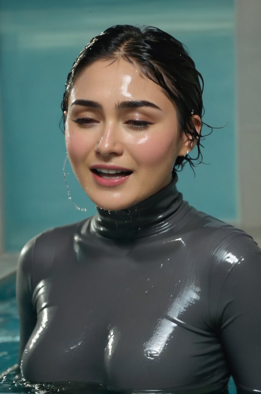 Daniella Pineda, emerging from the water. Her head and shoulders are visible above the surface of water. She looks surprised but laughing, her dark grey turtleneck top wet and clinging to her, with water droplets sparkling around her. She is in the middle of an indoor pool and splashes from her emergence, fully drenched, dripping wet, wet hair, face wet, face drenched