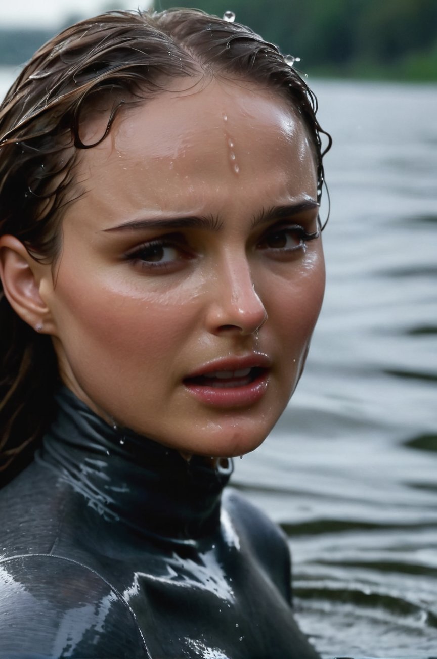 Natalie Portman, emerging from the water. Her head and shoulders are visible above the surface of water. She looks scared and sad, her dark grey turtleneck top wet and clinging to her, with water droplets sparkling around her. She is gasping for air. She is screaming for help. She is in the middle of a city river and splashes from her emergence, fully drenched, dripping wet, wet hair, face wet, face drenched