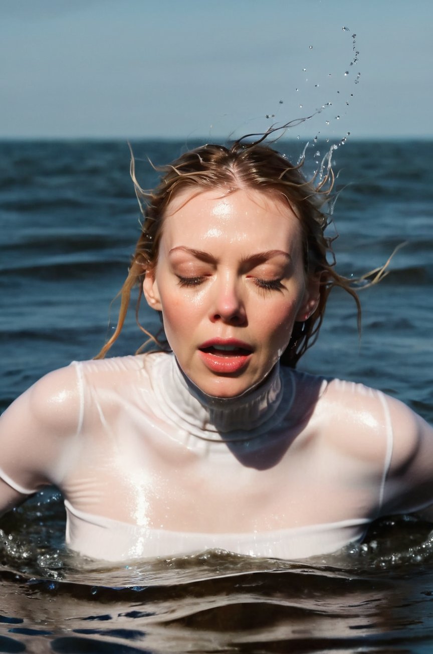 Riki Lindhome, emerging from the water. Her head and shoulders are visible above the surface of water. She looks scared and hopeless, her white turtleneck top wet and clinging to her, with water droplets sparkling around her. She is gasping for air. She is in the middle of a cold ocean and splashes from her emergence, fully drenched, dripping wet, wet hair, face wet, face drenched