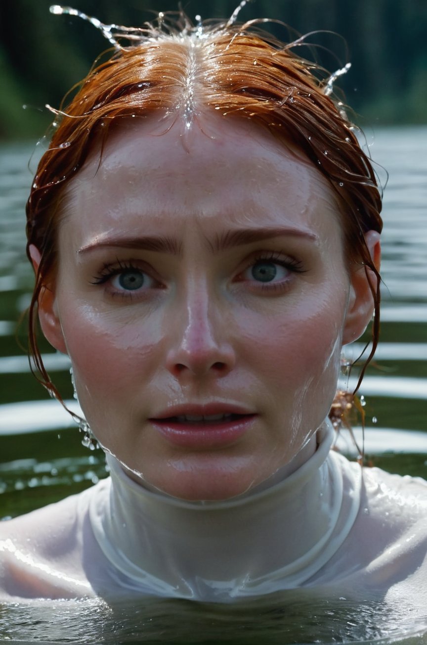 Bryce Dallas Howard, emerging from the water. Her head and shoulders are visible above the surface of water. She looks scared and sad, her white turtleneck top wet and clinging to her, with water droplets sparkling around her. She is gasping for air. She is in the middle of a cold lake and splashes from her emergence, fully drenched, dripping wet, wet hair, face wet, face drenched