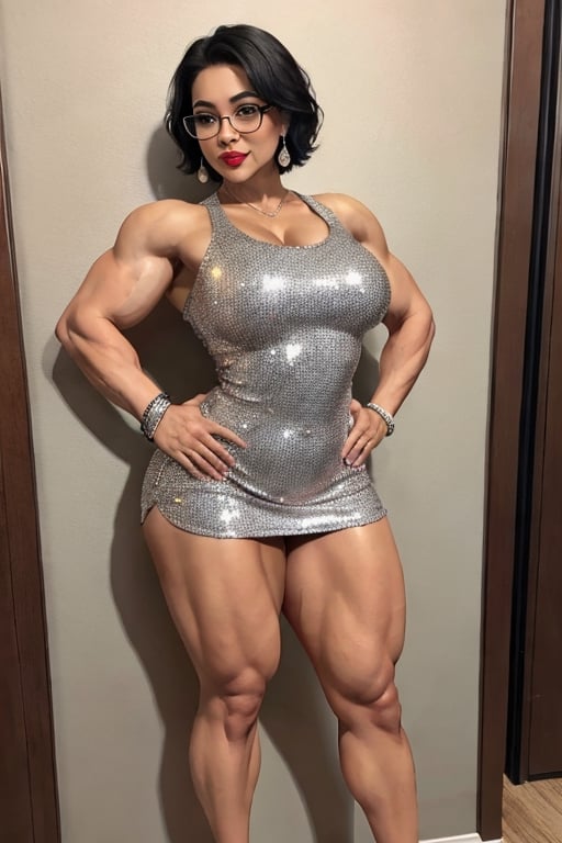 a photo of 100y.o. Latina woman, tan skin, intricate details, best quality, curvy, Pin up Girl style, short hair, black hair, makeup, in nightclub, blushing face, tight clothes, wearing silver sequined dress, earrings, bracelet, glasses, standing, hands on hips

3/4 body portrait,

slim body, hourglass body, bodybuilder legs, muscular calves, muscular calf, bulky legs, fat covering muscles on thighs, off-season bulk, big glutes, very muscular legs, huge thighs, flexing leg muscles, thin ankles, slim ankles, sexy ankles, waifish arms, thin arms, hourglass body shape