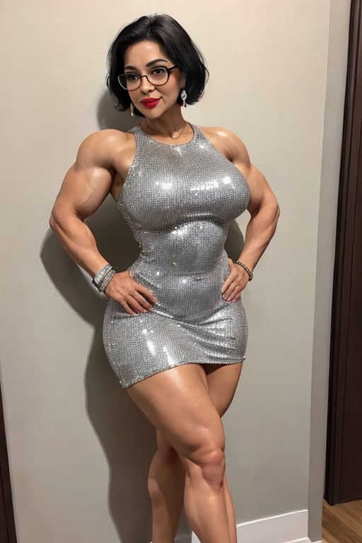 a photo of 80y.o. Latina woman, tan skin, intricate details, best quality, curvy, Pin up Girl style, short hair, black hair, makeup, in nightclub, blushing face, tight clothes, wearing silver sequined dress, earrings, bracelet, glasses, standing, hands on hips

3/4 body portrait,

slim body, hourglass body, bodybuilder legs, muscular calves, muscular calf, bulky legs, fat covering muscles on thighs, off-season bulk, big glutes, very muscular legs, huge thighs, flexing leg muscles, thin ankles, slim ankles, sexy ankles, waifish arms, thin arms, hourglass body shape