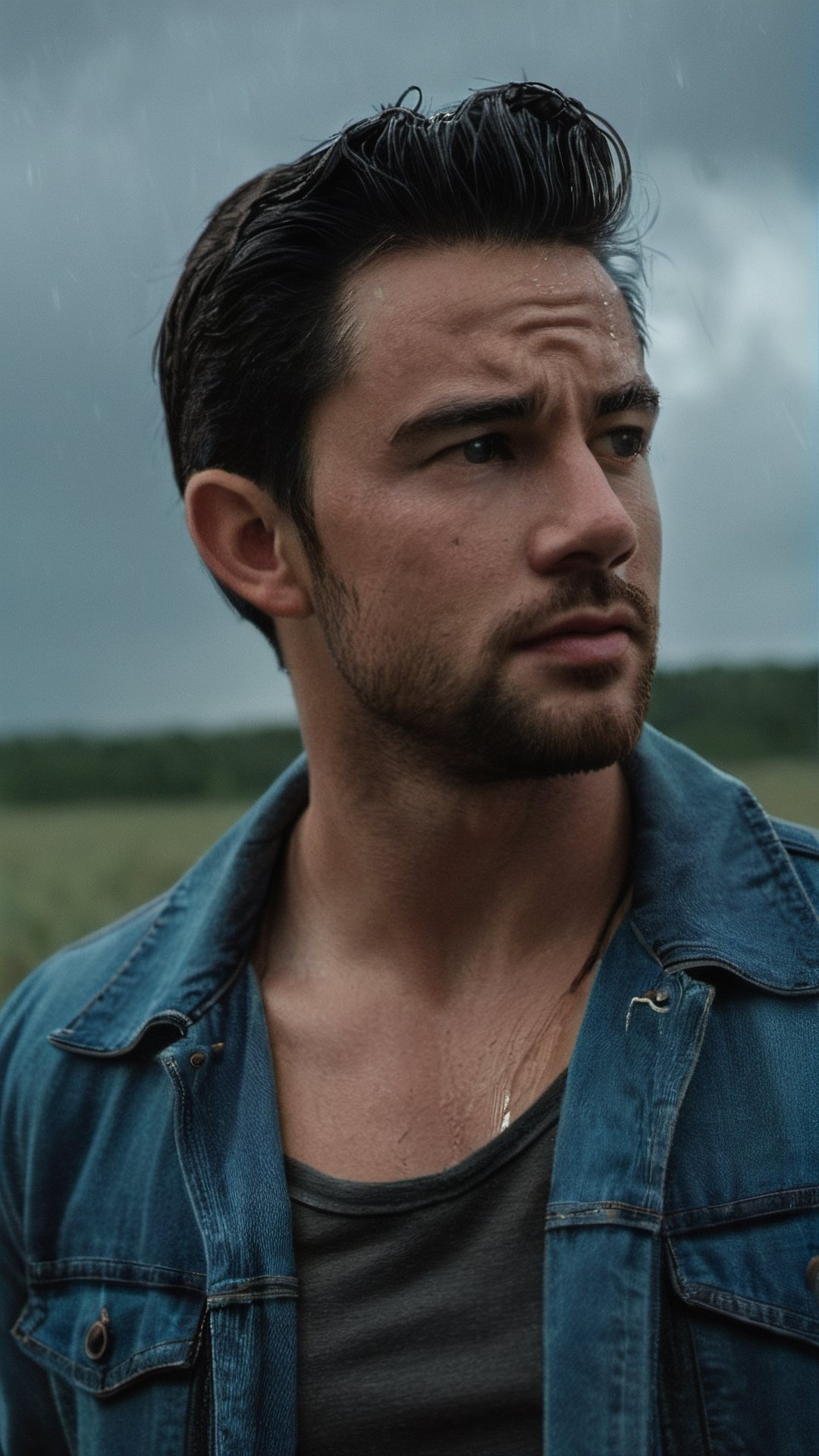 (photorealistic), cinimatic film still. beautiful lighting, best quality, realistic, full length portrait, real image, intricate details, depth of field, 1 American man, in a summer rainstorm, extremely muscular man cowboy with haircut, extremely handsome, wearing ripped denim jeans, Shirtless, topless, cowboy boots, highly detailed, facial features, blue eyes, tall, anatomically correct, Fujifilm XT3, outdoors, open field, overcast, beautiful lighting, RAW photo, 8k uhd, film grain, ((bokeh)),6000,male,Movie Still,photo r3al