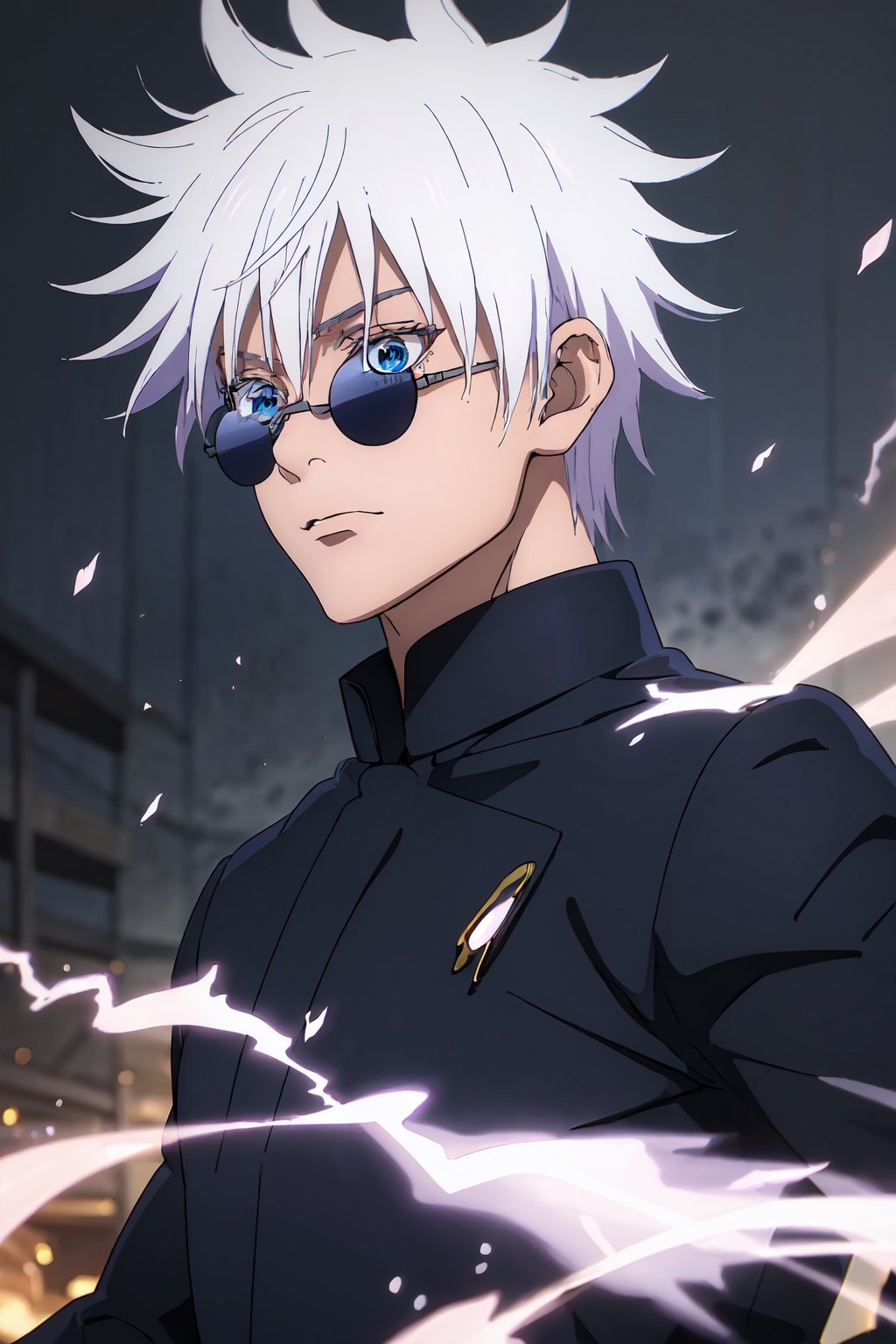 (best quality,4k,8k,highres,masterpiece:1.2),ultra-detailed,(realistic,photorealistic,photo-realistic:1.37),jujutsu Kaisen, Satoru Gojo, intense gaze,fierce expression,dark purple shirt,bright white hair,curly hair,wide-brimmed hat,exclusive black sunglasses,multiple piercing eyes,striking presence,wide grin,strong facial features,aura of power,lit glow behind sunglasses,action-packed scene,anime portraiture,sharp focus,expressive brushstrokes,vibrant colors,contrasting tones,magical energy,electric blue atmosphere,mysterious dark background+lightning,controlled chaos,spellbinding charisma,shimmering crimson domain,dynamic movement,hovering sakura petals,evocative lighting,mesmerizing power,eye-catching visual spectacle