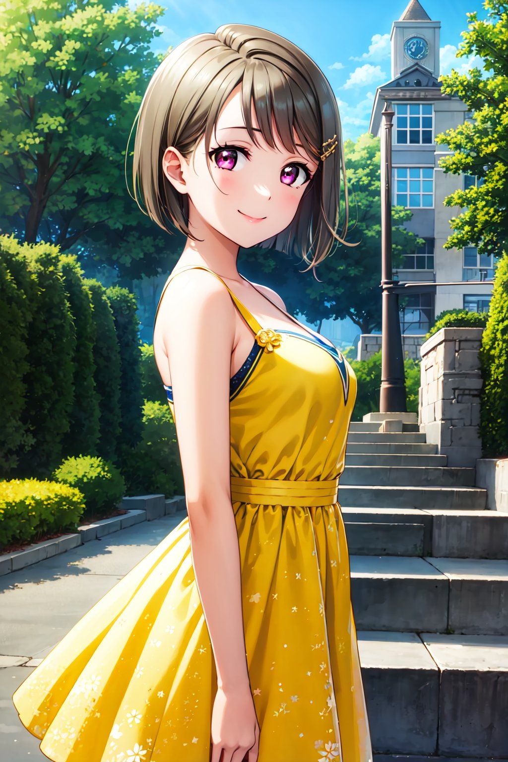 (masterpiece, best quality, ultra-detailed), (illustration), (beautiful detailed eyes), (1girl), (solo), nakasu kasumi, asymmetrical hair, short hair, medium breasts, single sidelock, 
Looking at viewer, light smile, yellow dress, outdoors, day, from side 