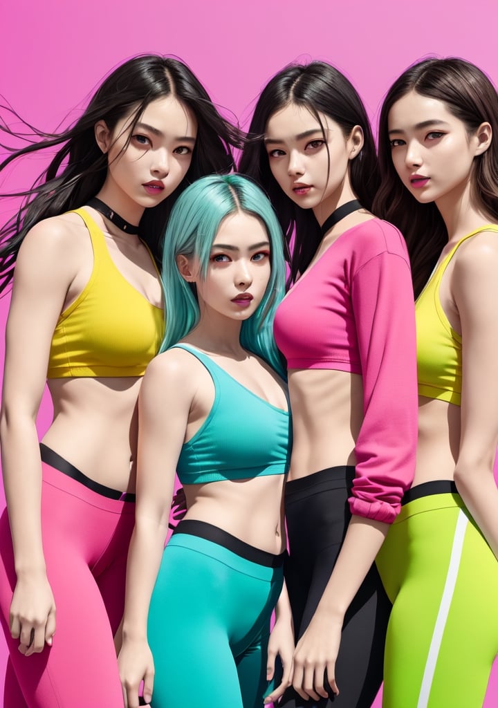 Create a vibrant image  of a Hostile Squad. They are four ​strong heavy body young girls, radiant, and beautiful girls with slender, perfectly well-formed bodies, dressed in bright clothing in pink, green, yellow, blue, red, and black. The illustration is in high definition and cinematic resolution, HD