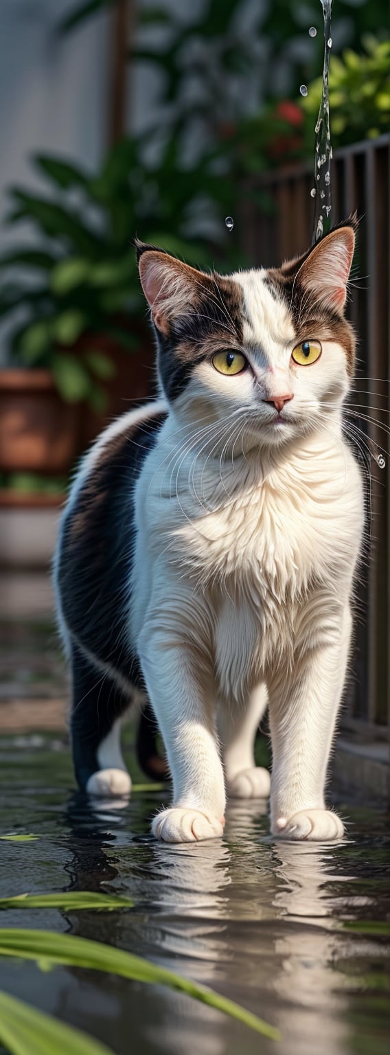 a drenched cat, water splashing, wet cat, rainbow, raining