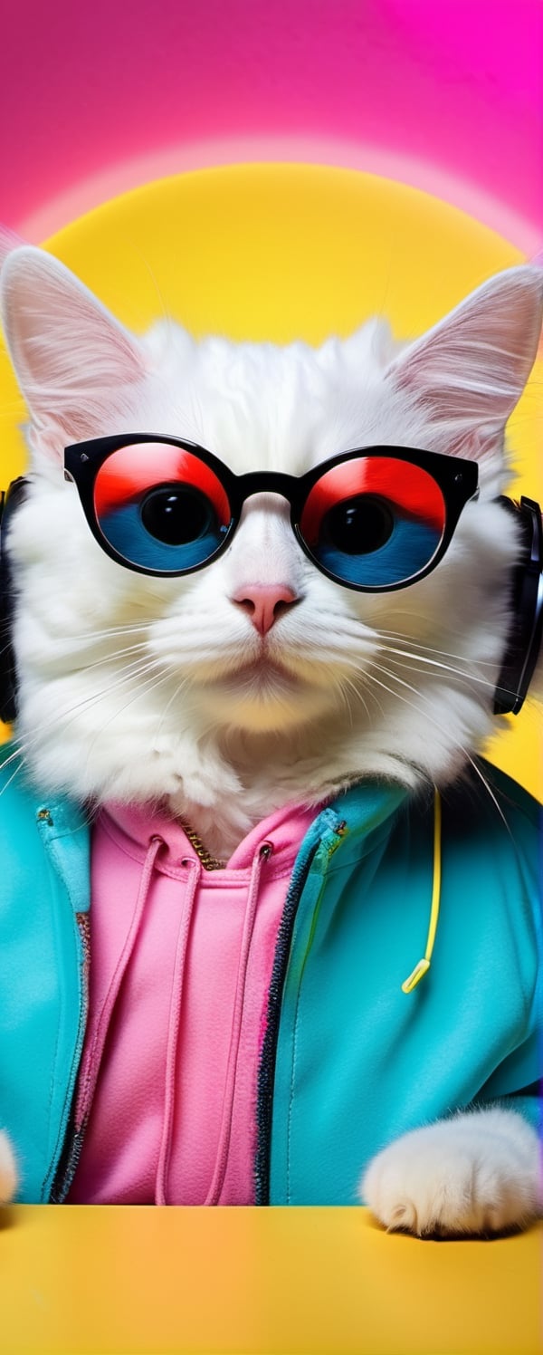 Mischievous Cat ((Turkish Angora variant)) DJ, wearing colorful fashion clothes, DJ Eye glass, headphone on head, hyper realistic, bird eye view, ultra-detailed, best quality,Movie Still, neon background, in club party