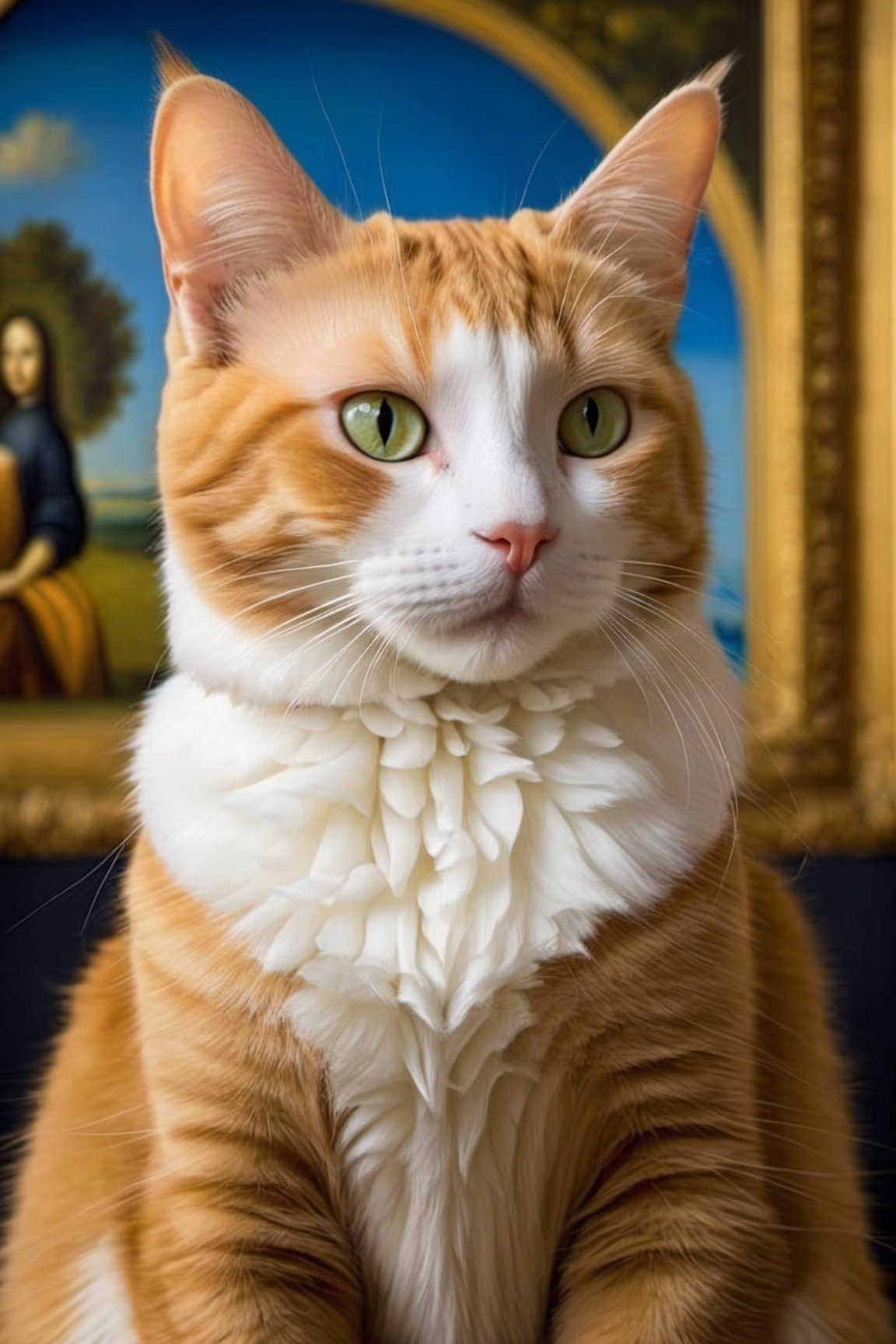 Make a painting similar to the Mona Lisa picture, but instead of the Mona Lisa, there will be a cat. The cat also has a mysterious smile like the Mona Lisa,perfect_symmetry,Leonardo Style,oni style, Mona Lisa,Leonardo da Vinci,