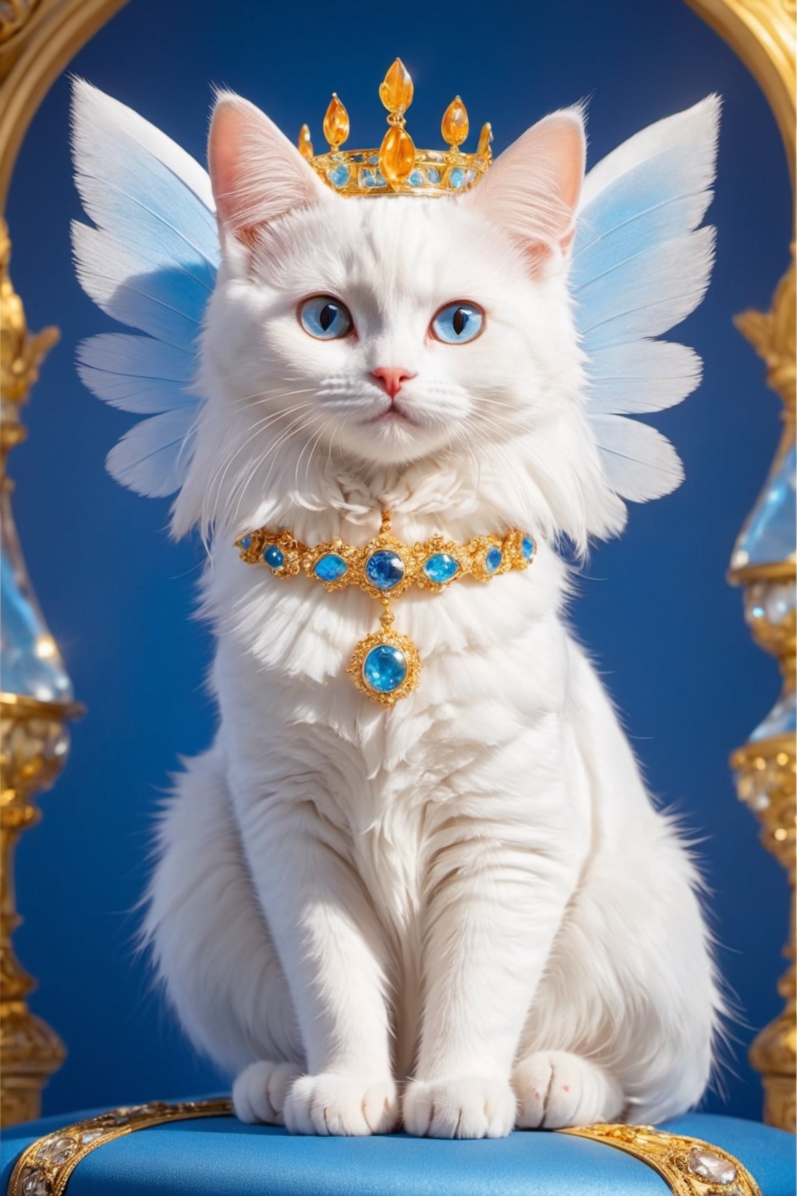 Angelic cat, mystirious aura, She is the Angel of cat, crown, siting on the throne, licking its paws, cute look