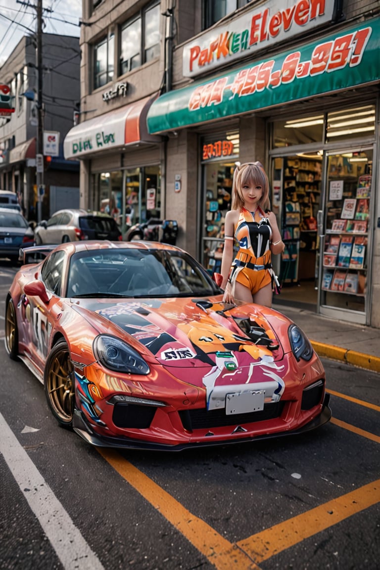 dodge wrapping in a anime character, park in front of seven eleven store, fron pov