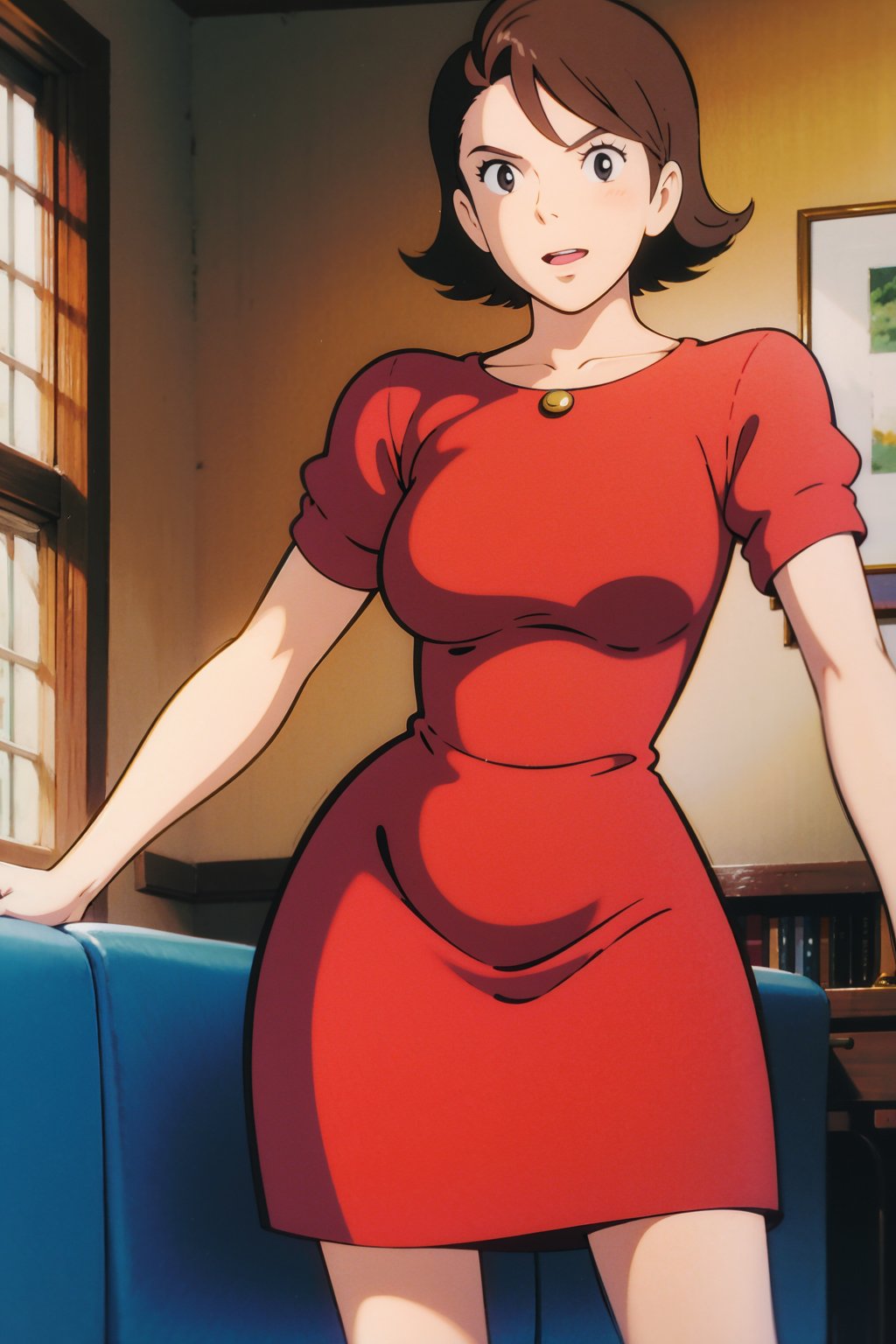 beautiful middle-aged woman, tight red dress, ghibli style