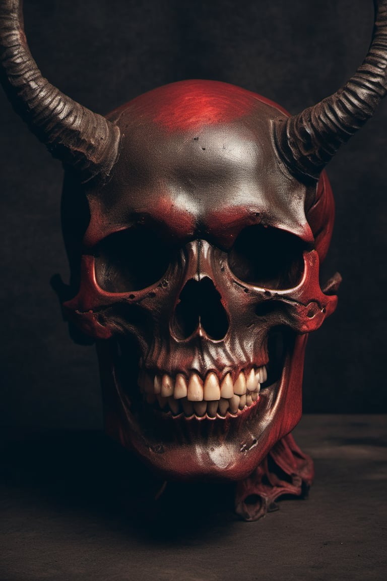 A close-up shot of a weathered skull with a faint crimson glow emanating from the eye sockets and nostrils, as if it's slowly bleeding to life. The camera lingers on the macabre beauty, highlighting the intricate details of the skeletal structure against a dark, misty background. Flickering candlelight casts eerie shadows across the skull's surface, further emphasizing its unnatural vitality.