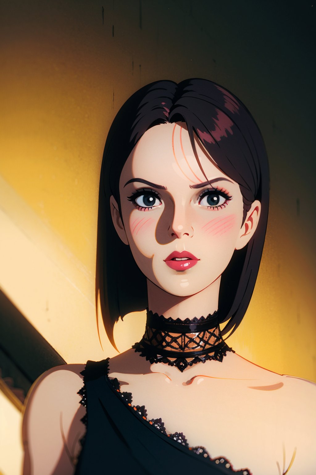 cute goth girl, 1girl, detailed face, dark hair, pale skin, black clothes, ripped stockings, choker necklace, dark eye makeup, intricate lace dress, moody lighting, dark fantasy, cinematic composition, muted colors, dramatic shadows, highly detailed, digital painting, concept art, artstation quality