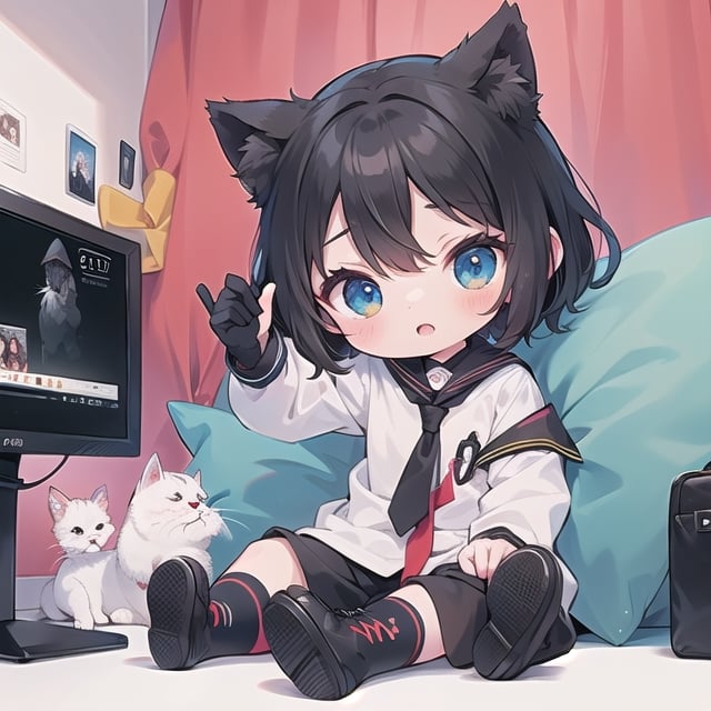 (Best Picture Quality, High Quality, Masterpiece Degree: 1.3), ((white background)), ((no background)), girl playing game at floor while their cat disturb him, full_body