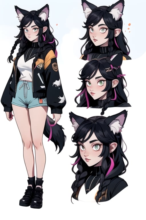 jacket, 1_girl ,character, fashion, tail ,ribbon_in_hair, metal,goth,jacket,animal_tail,character_reference, model_sheet, reference_sheet, character_sheet, shippo, colorful_hair, top_less , hotpants, long_hair, big_boobies, tight_clothing, body_marking, ear_fluff, long_sleeve, hairpin, ball_braids, ice_wolf_(species)