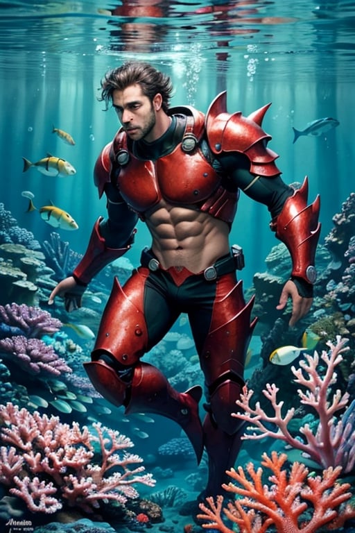 Camera front, masterpiece, highest quality, high resolution, super detail, photo style, murky underwater, bubbles, sexy man, sturdy armor, huge body, muscular, abs, gills, fins, fish face, merman, jellyfish swarm, coral background