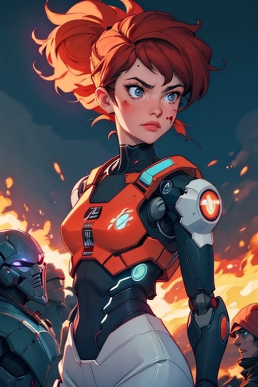 Masterpiece, top quality, high quality, high definition, science fiction, battle images, battlefield, sci-fi world with glowing red moon, futuristic woman, suspense, fighting, bloody, three girls, robot joint, neon light, oil Leaks, protruding wiring, explosive flames, flying tracer bullets,