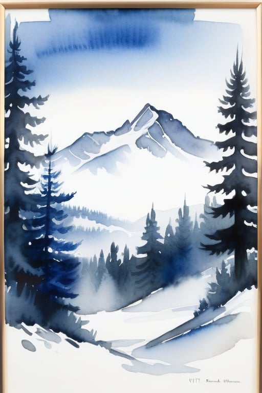 A watercolor painting of a winter scene with a mountain range in the background, a snowy field in the foreground, and a forest of pine trees in the middle. The painting is framed by a blue and white watercolor wash, with the name "UTKORSHAW" written in black letters at the bottom. The painting is surrounded by a white background, with a watercolor palette and paintbrushes on the sides.