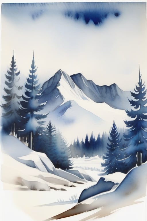 A watercolor painting of a winter scene with a mountain range in the background, a snowy field in the foreground, and a forest of pine trees in the middle. The painting is framed by a blue and white watercolor wash, with the name "UTKORSHAW" written in white letters at the bottom. The painting is surrounded by a white background, with a watercolor palette and paintbrushes on the sides.