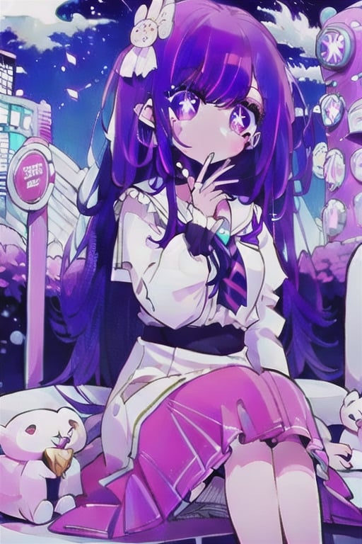 1girl(best quality:) purple hair, purple eyes, pale skin, cute, long curly hair, short pointy ears, slit pupils, wear school clothes, cute, sitting, city, night,Ai Hoshino,HOSHINO AI