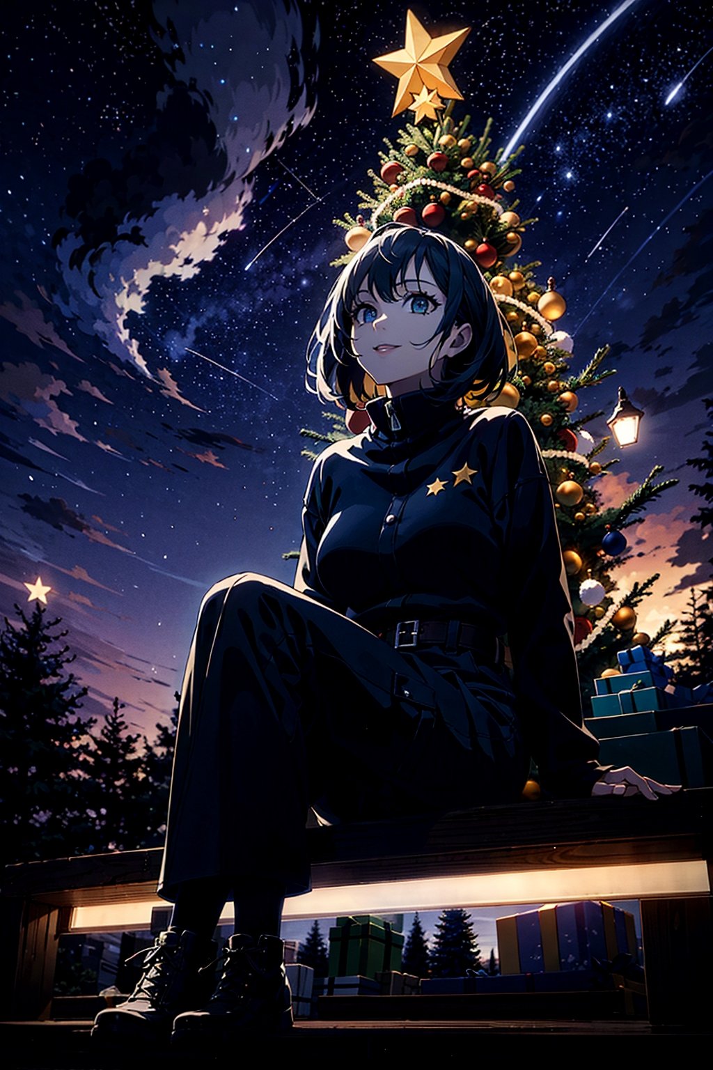  photo realistic, (delicate shadows:0.6), drawing details, (outdoors background:1.4), from below,　BREAK (1 girl:1.3), light smile, 
BREAK yellow puffer jacket, long-sleeve shirt, cargo pants, mountain boots, 
BREAK (huge illuminated Christmas tree:1.6), A starry sky spreading in all directions, shining stars, (a girl sitting looking up at the stars:1.5), a single shooting star