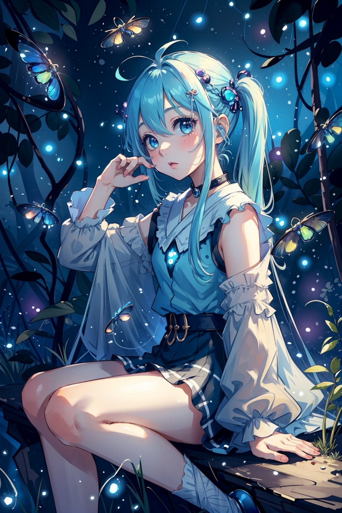 (masterpiece, best quality, highres:1.3),  1girl, baby blue hair, kawaii,  pigtail hair, fantasy, soft, night time, (fireflies:1.3), (serene background:1.3), vivid color, sitting, (magical, musical aura:1.3)