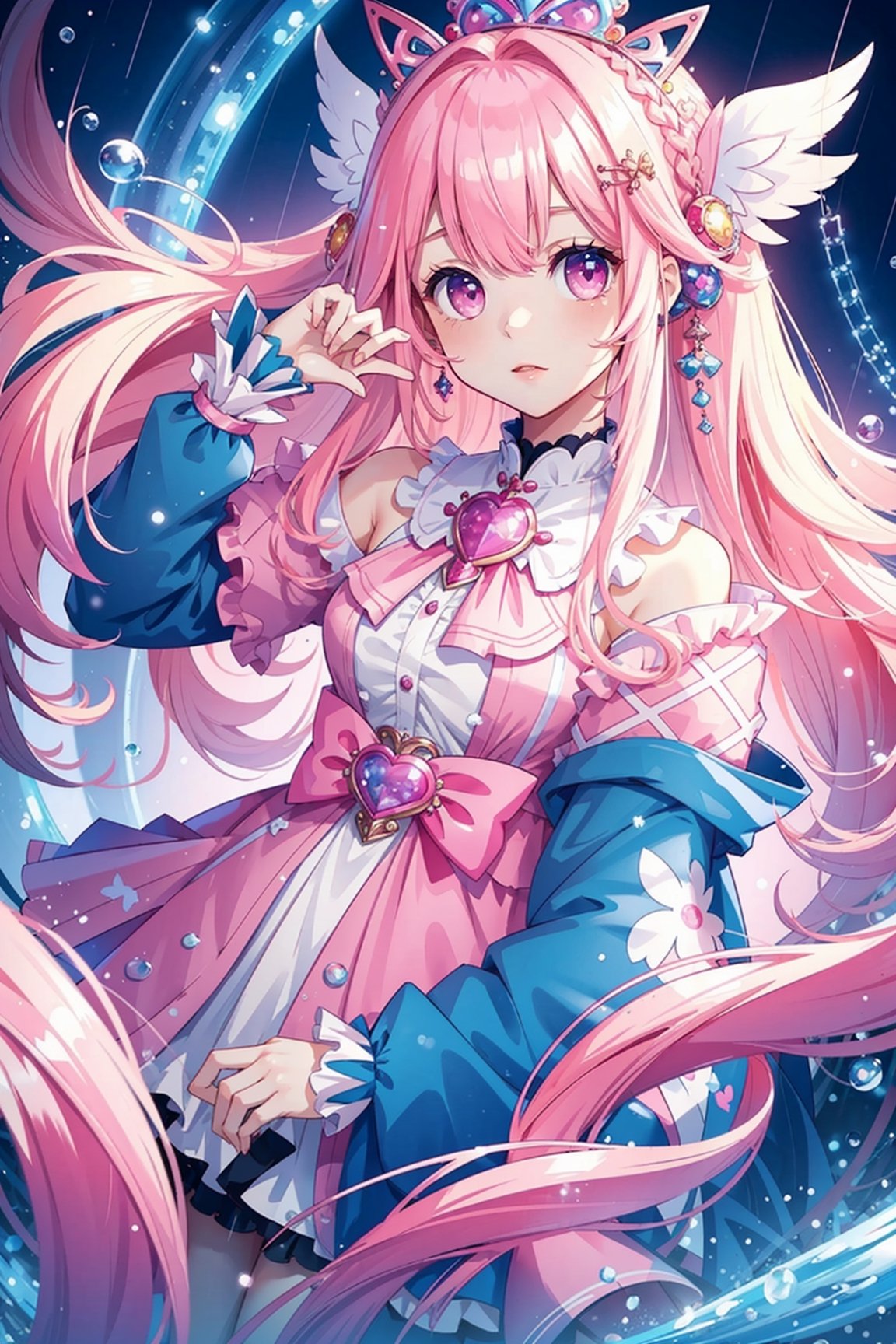 (masterpiece, best quality, highres:1.3),  1girl, pink hair, kawaii, hime hair, fantasy, soft, rainy, vivid color, magical aura