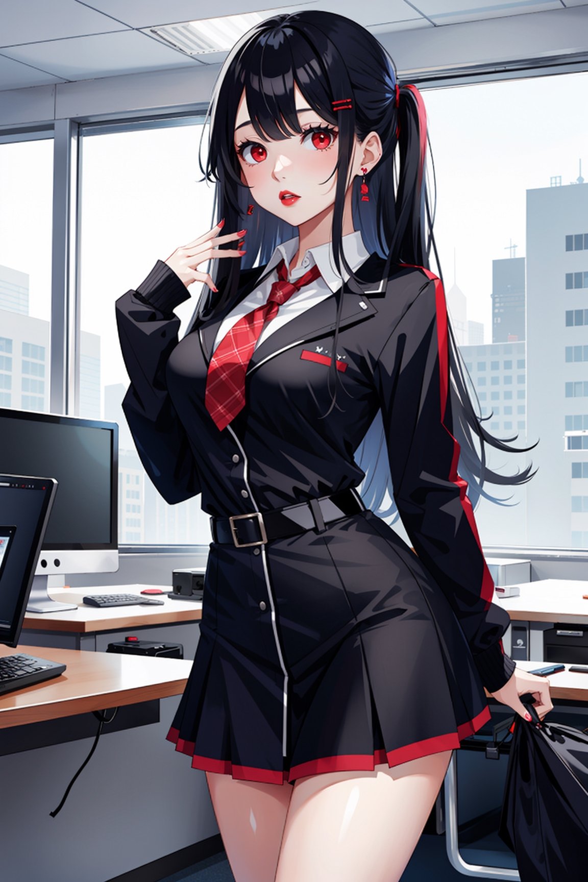1girl, black hair, schoolgirl outfit, hime hairstyle, pretty, woman, medium breasts, medium length hair, red eyes, red lips, pretty, in an office, cold