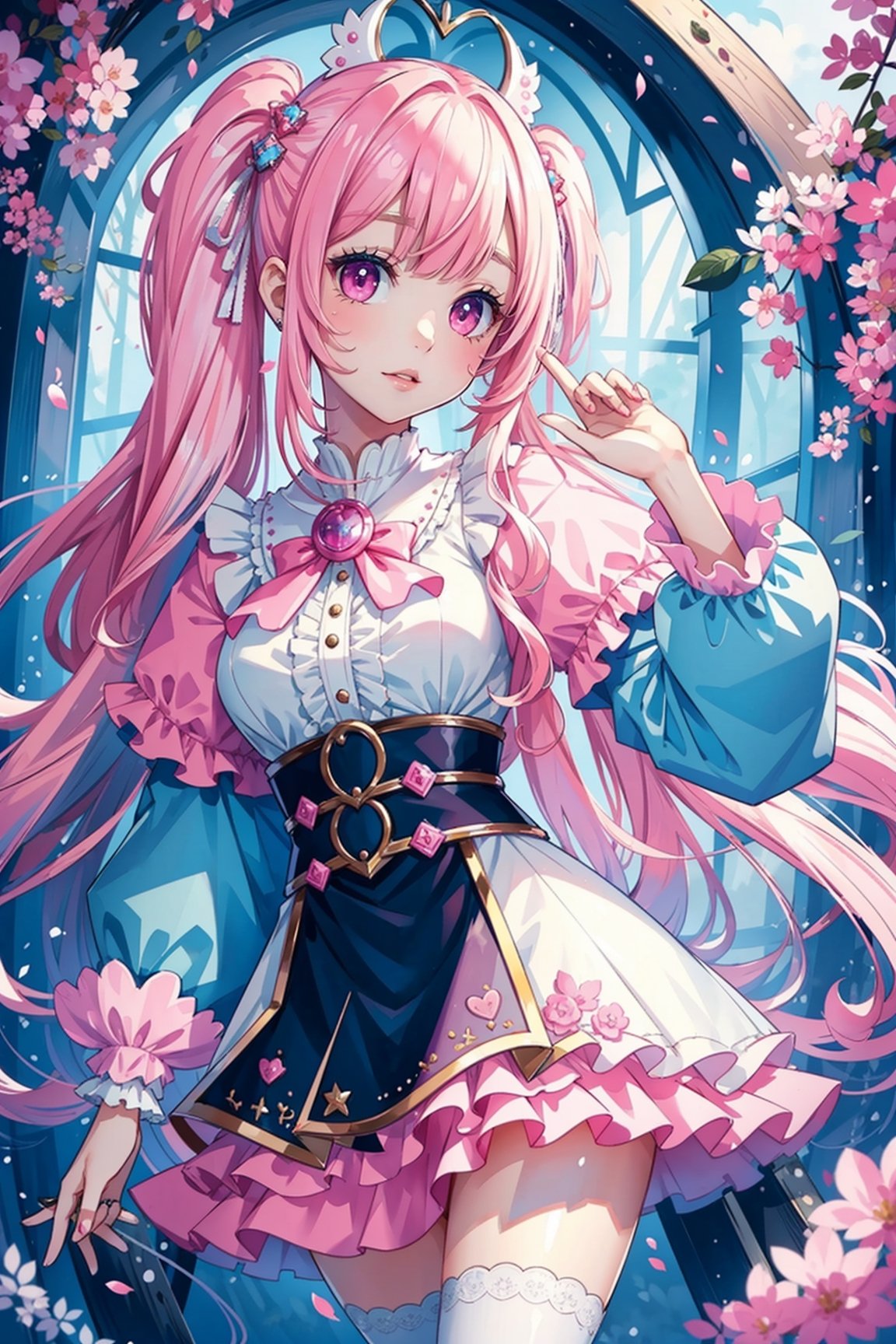 (masterpiece, best quality, highres:1.3),  1girl, pink hair, kawaii, hime hair, fantasy, soft, rainy, vivid color, magical aura