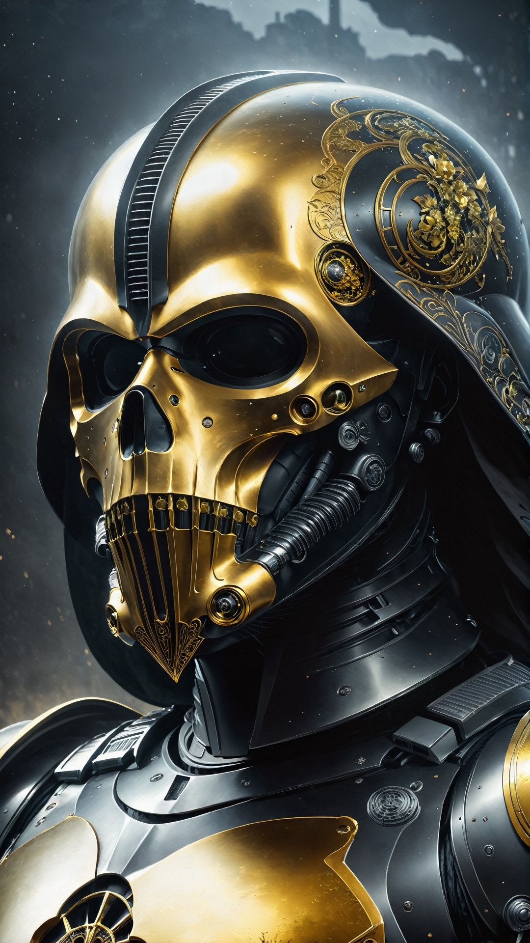 Grim Reaper wearing Storm Trooper armor from Star Wars, skull mask, black and gold theme, ultra detailed artistic photography, midnight aura, night sky, dreamy, glowing, backlit, glamour, glimmer, shadows, oil on canvas, brush strokes, smooth, ultra high definition, 8k, unreal engine 5, ultra sharp focus, art by alberto seveso, artgerm, loish, sf, intricate artwork masterpiece, ominous, matte painting movie poster, golden ratio, trending on cgsociety, intricate, epic, trending on artstation, by artgerm, h. r. giger and beksinski, highly detailed, vibrant, production cinematic character render, ultra high quality model