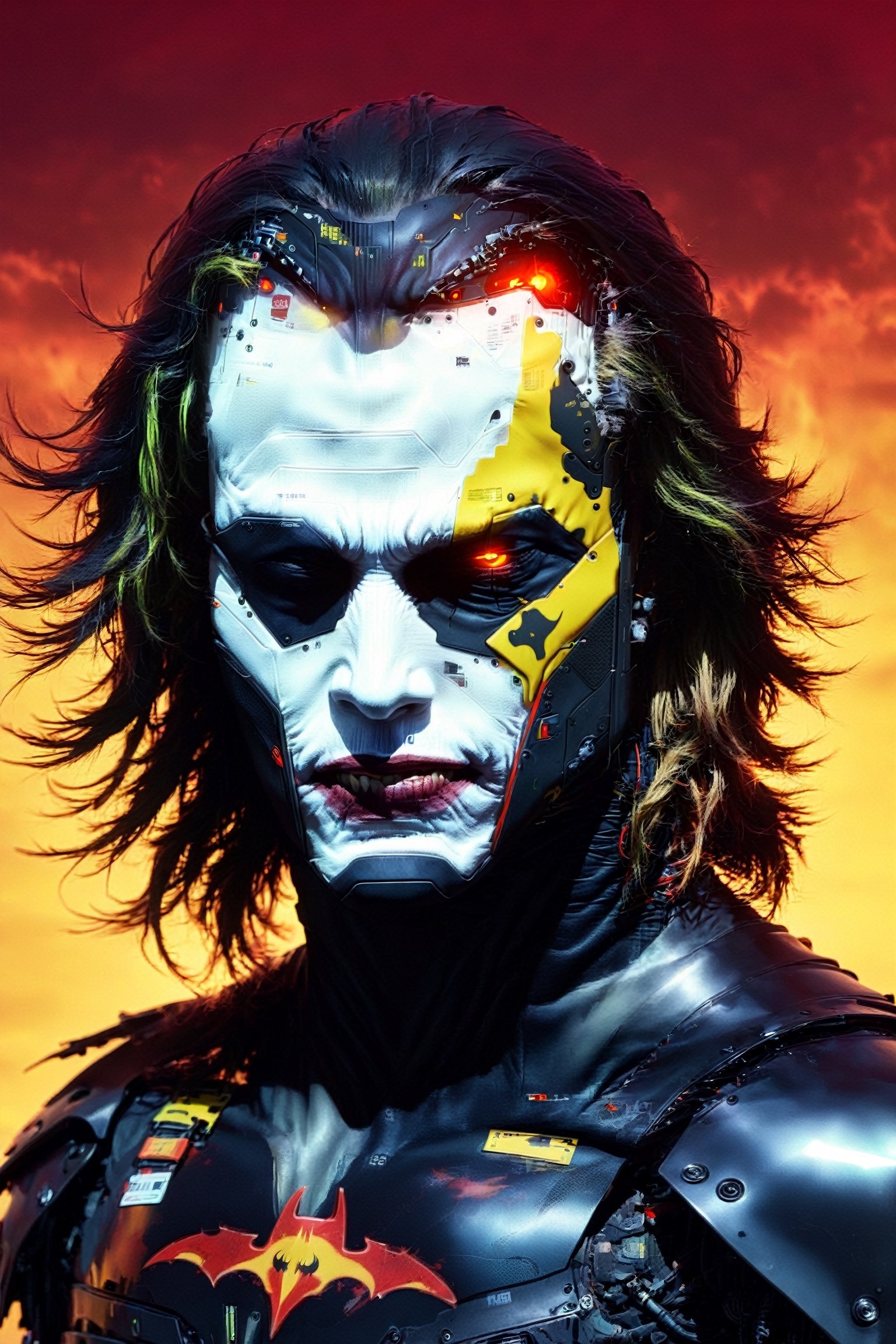 (Heath Ledger Joker) cyborg assassin wearing The Crow/batman inspired armor no logo on chest, long hair, danger, red-yellow sky, post apocalyptic art, neon horror, sci-fi, glitchcore, cgsociety, modern european ink painting, androgynous, mixed media, dystopian art, black and Neon cosmic art, analog horror, nightmare fuel, space punk, glitchcore, hauntingly beautiful, beautifully ominous. A world class male cyborg in stunning HD, world class art, unique, modern masterpiece, exceptional, exquisite, dark fantasy, apocalypse art, calotype