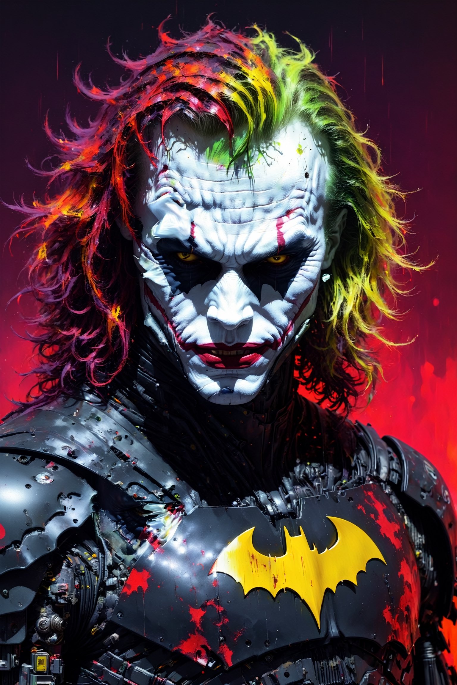 (Heath Ledger Joker) cyborg assassin wearing batman inspired armor no logo on chest, long waivy hair, danger, red-yellow sky, post apocalyptic art, neon horror, sci-fi, glitchcore, cgsociety, modern european ink painting, androgynous, mixed media, dystopian art, black and Neon cosmic art, analog horror, nightmare fuel, space punk, glitchcore, hauntingly beautiful, beautifully ominous. A world class male cyborg in stunning HD, world class art, unique, modern masterpiece, exceptional, exquisite, dark fantasy, apocalypse art, calotype, dripping paint