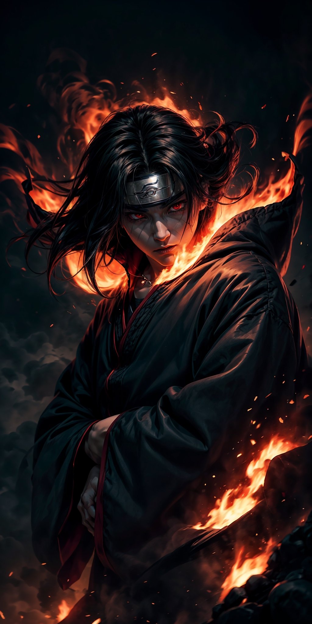 Visualize the legendary Itachi Uchiha, a prominent character from the Naruto anime. full body, muscular physique, reflecting his formidable strength.

Itachi Uchiha is clad in his signature ninja attire. His defining ability is his mastery over fire, black flames, showcasing his power to manipulate fire at will. Set to backdrop of black crows flying in distance and sitting on his shoulder

Set him against a background of raging fire, with black flames dancing in the backdrop, creating an inferno-like atmosphere. The flames should emphasize his fiery abilities and his unwavering resolve.

Capture this image to pay homage to Itachi Uchiha's character, showcasing his powerful presence and his association with the element of blackfire, a central theme in his story arc within the Naruto series." ((Perfect face)), ((perfect hands)), ((perfect body)), [perfect image of Itachi Uchiha (Naruto anime character)]