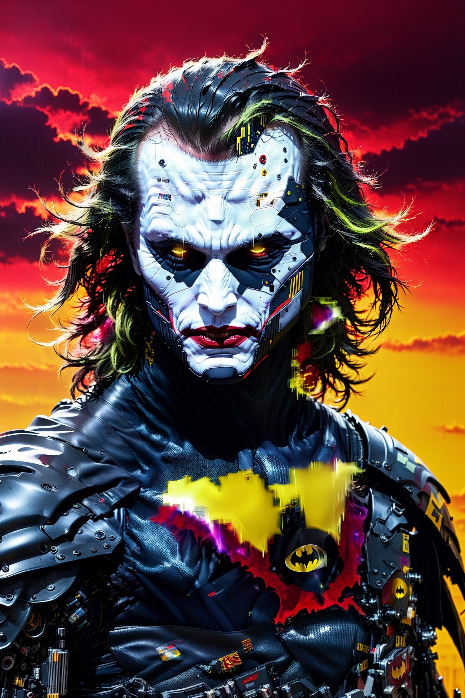 (Heath Ledger Joker) cyborg assassin wearing The Crow/batman inspired armor no logo on chest, long hair, danger, red-yellow sky, post apocalyptic art, neon horror, sci-fi, glitchcore, cgsociety, modern european ink painting, androgynous, mixed media, dystopian art, black and Neon cosmic art, analog horror, nightmare fuel, space punk, glitchcore, hauntingly beautiful, beautifully ominous. A world class male cyborg in stunning HD, world class art, unique, modern masterpiece, exceptional, exquisite, dark fantasy, apocalypse art, calotype