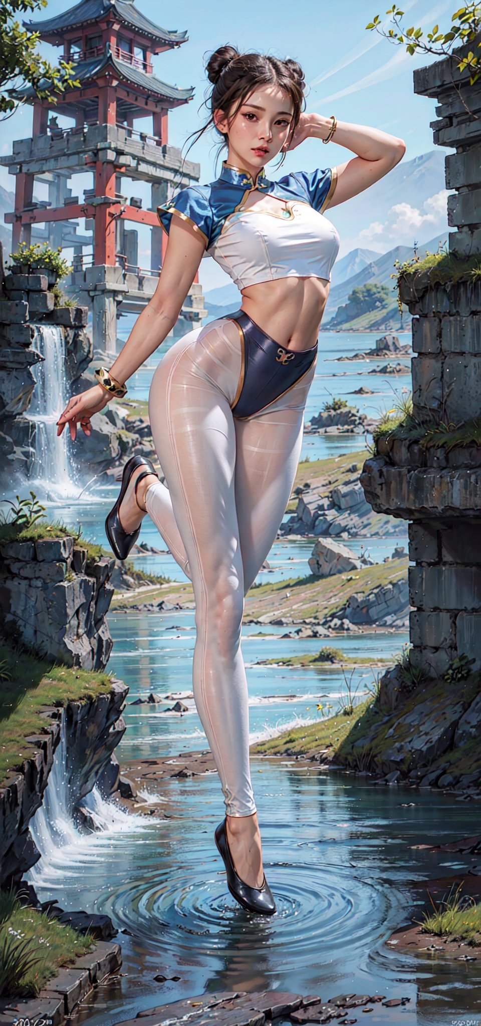 (8k, RAW photo, photorealistic:1.25), 1girl, Natalie Portman, (large breasts), half-naked, dynamic action pose (kicking high 
 up with one leg), wearing her signature outfit (a blue qipao, an early-20th-century Chinese dress, with golden accents, puffy sleeves, and a tight white waistband, bracelets with long spikes on both of her wrists), ((sheer crotchless tan pantyhose)), japanese dominatrix school girl outfit Sailor Moon inspired ((full body):1.5), (highly detailed skin:1.2), accentuated breasts, large pelvic, wide hip, narrow waist, curvy waist, ((slim, skinny waist:1.4)), seductress, tempting, pink nipples, pink pussy out, tibetan temple swamp lake with coy fish background, dynamic pose, well sunlit, ((looking at viewer)), ox horns tied bun style brown hair, Godpussy2, chunlims