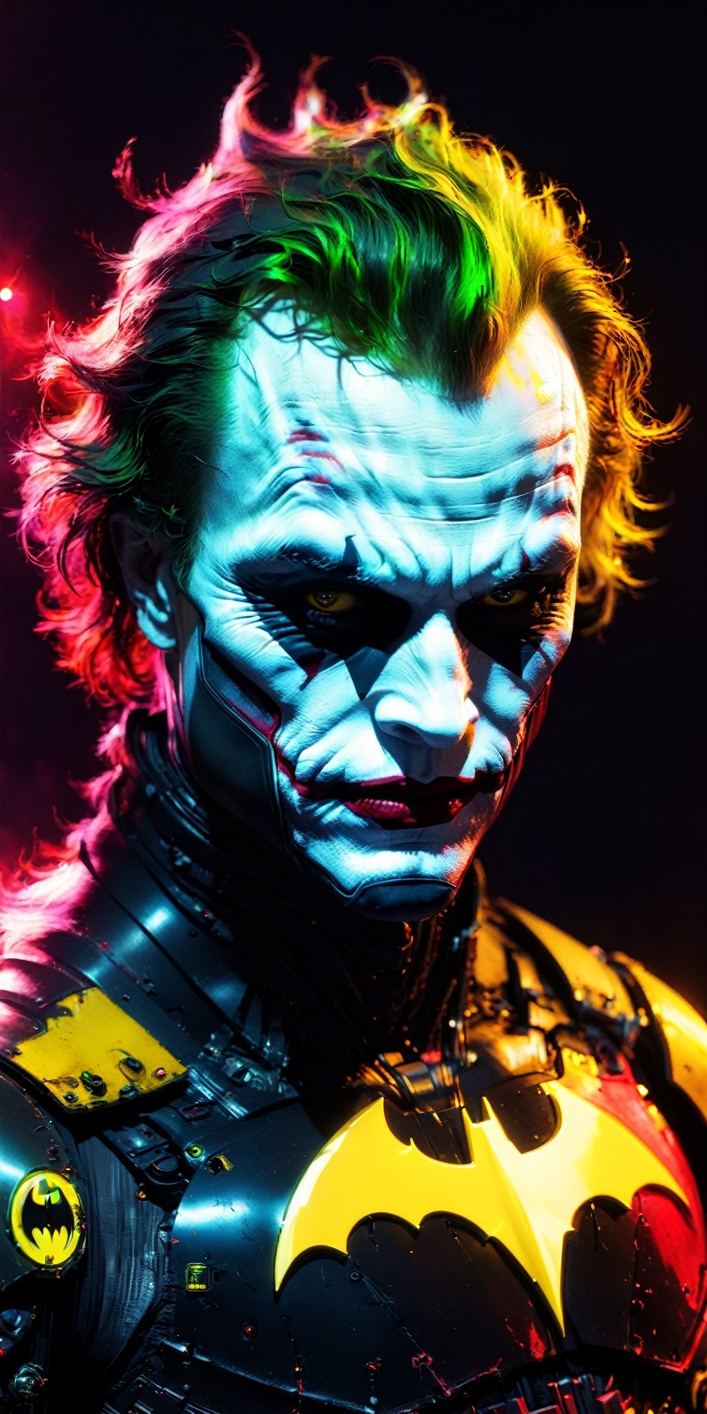 (Heath Ledger Joker) cyborg assassin wearing batman inspired armor, danger, red-yellow sky, post apocalyptic art, neon horror, sci-fi, glitchcore, cgsociety, modern european ink painting, androgynous, mixed media, dystopian art, black and Neon cosmic art, analog horror, nightmarefuel, space punk, glitchcore, hauntingly beautiful, beautifully ominous. A world class male cyborg in stunning HD, world class art, unique, modern masterpiece, exceptional, exquisite, dark fantasy, apocalypse art, calotype