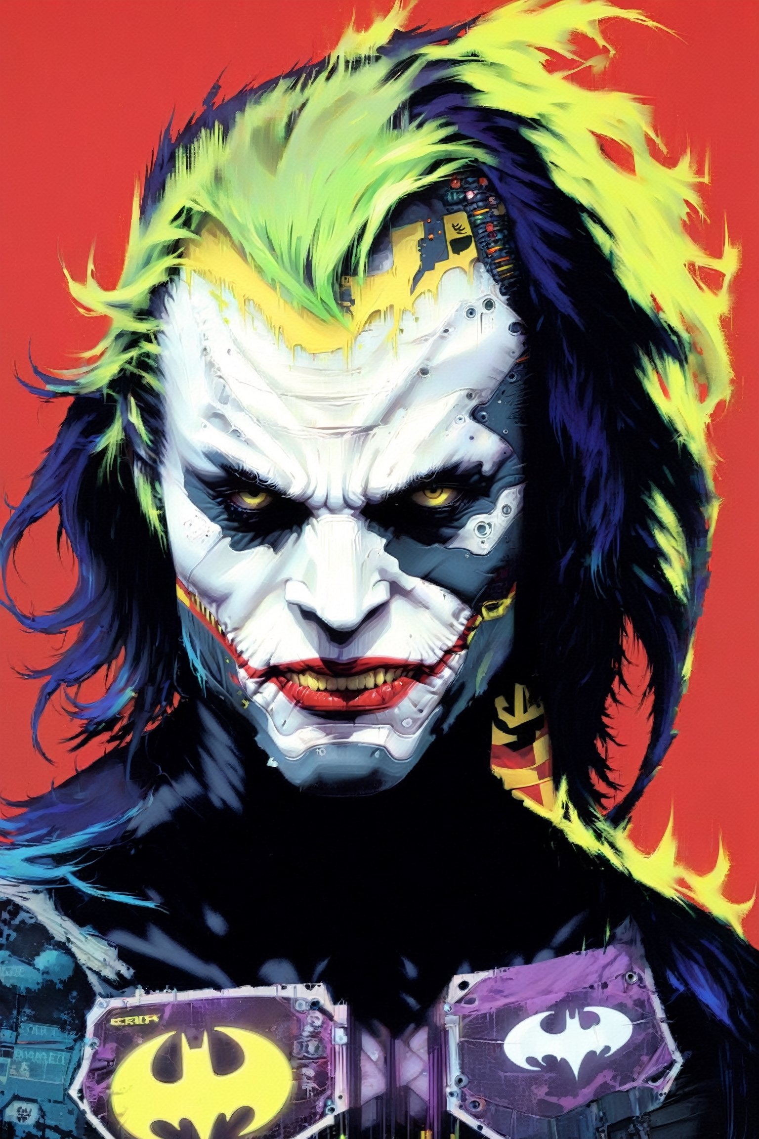 (Heath Ledger Joker) cyborg assassin wearing The Crow/batman inspired armor no logo on chest, long hair, danger, red-yellow sky, post apocalyptic art, neon horror, sci-fi, glitchcore, cgsociety, modern european ink painting, androgynous, mixed media, dystopian art, black and Neon cosmic art, analog horror, nightmare fuel, space punk, glitchcore, hauntingly beautiful, beautifully ominous. A world class male cyborg in stunning HD, world class art, unique, modern masterpiece, exceptional, exquisite, dark fantasy, apocalypse art, calotype, dripping paint