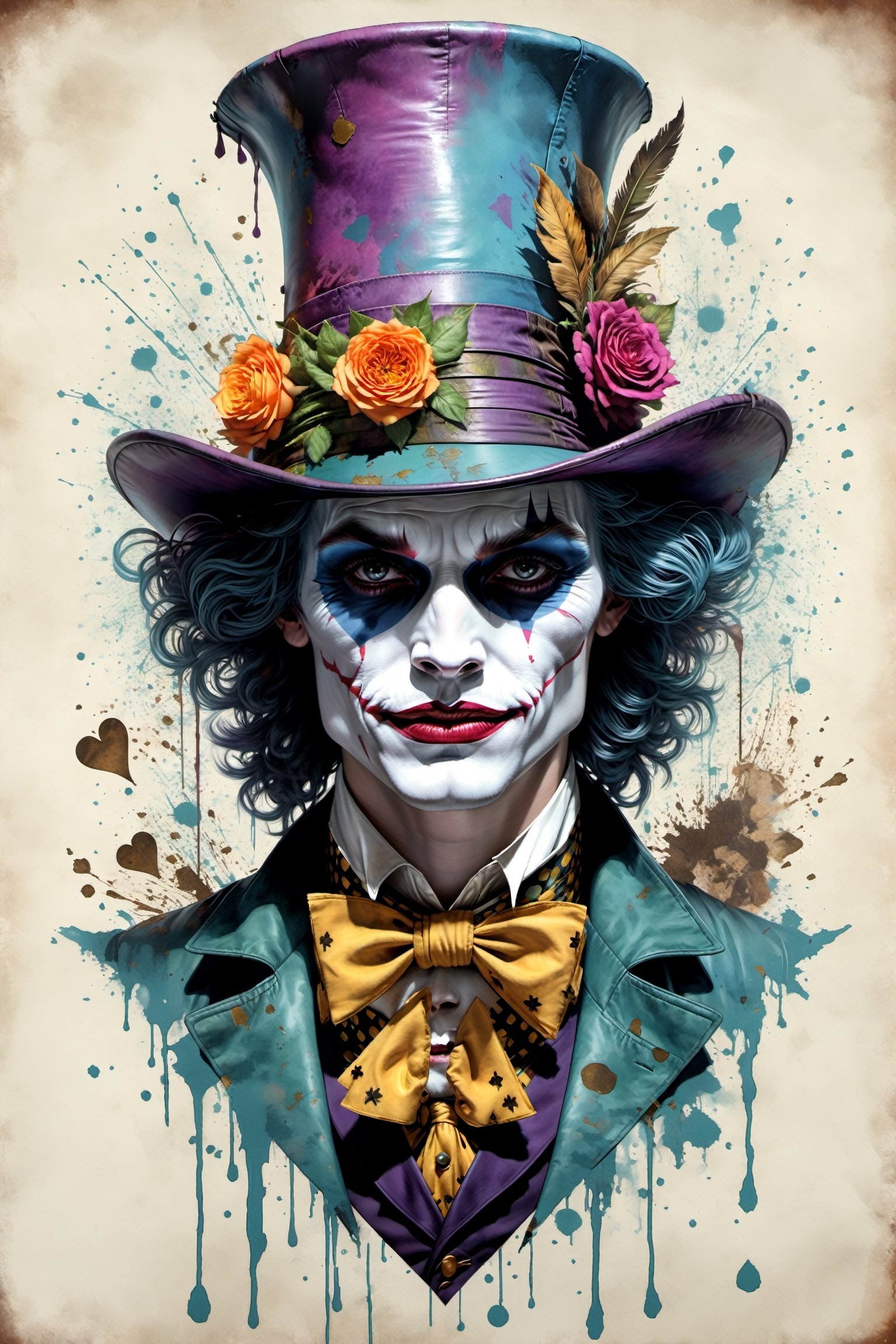 "Heath Leadger Joker as the Mad Hatter" the spade magician, highly detailed, half-skull for a face, rabbit jumping out of the top of the hat, smudged face-makeup, sad, diobolical, menacing, smudged maskara, scars, battle damaged, cinematic, 8k, style by stanley artgermm, tom bagshaw, carne griffiths, hyper detailed, full of colour,playing cards, flowersupper body
